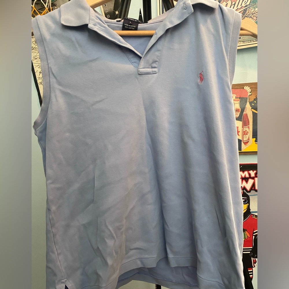 Ralph Lauren Women Sport Polo Top L with Blue and Pink Pony Logo